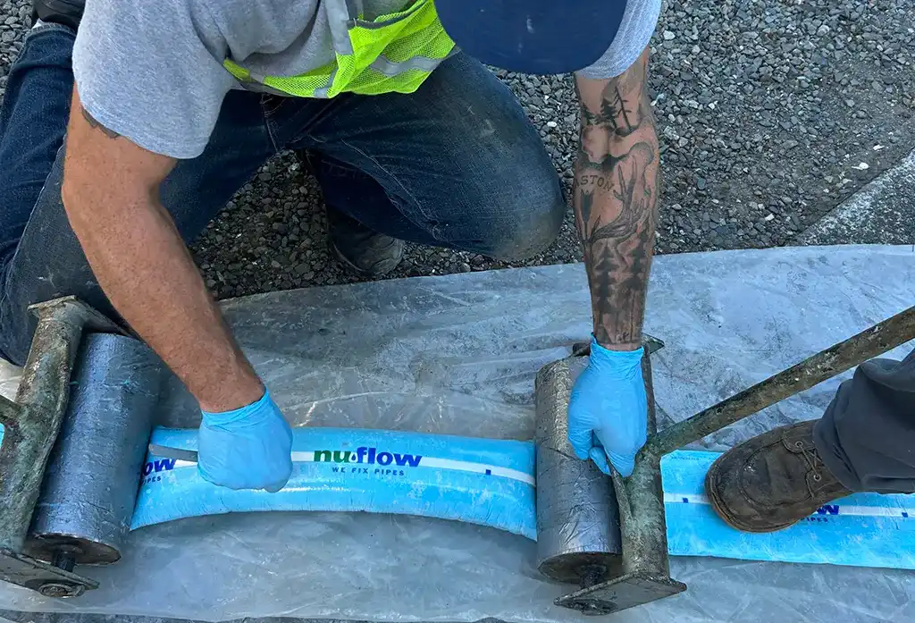 Technicians using specialized rollers to evenly distribute epoxy resin through a blue NuFlow structural pipe liner.