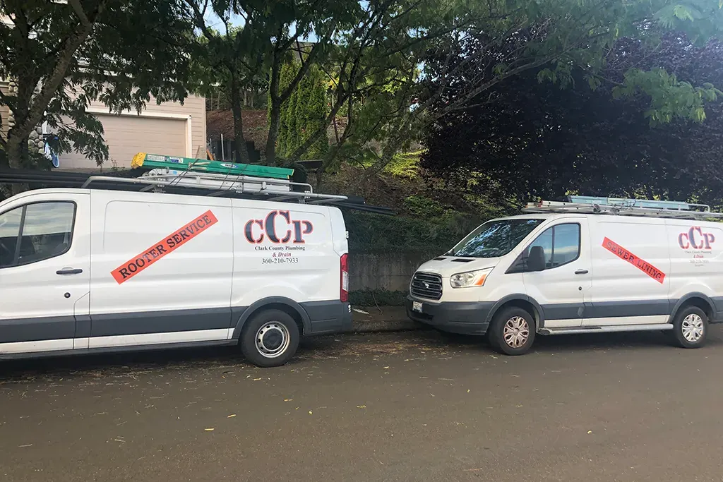 Two company vans, labeled for "Rooter Service" and "Sewer Lining," parked on a residential street.