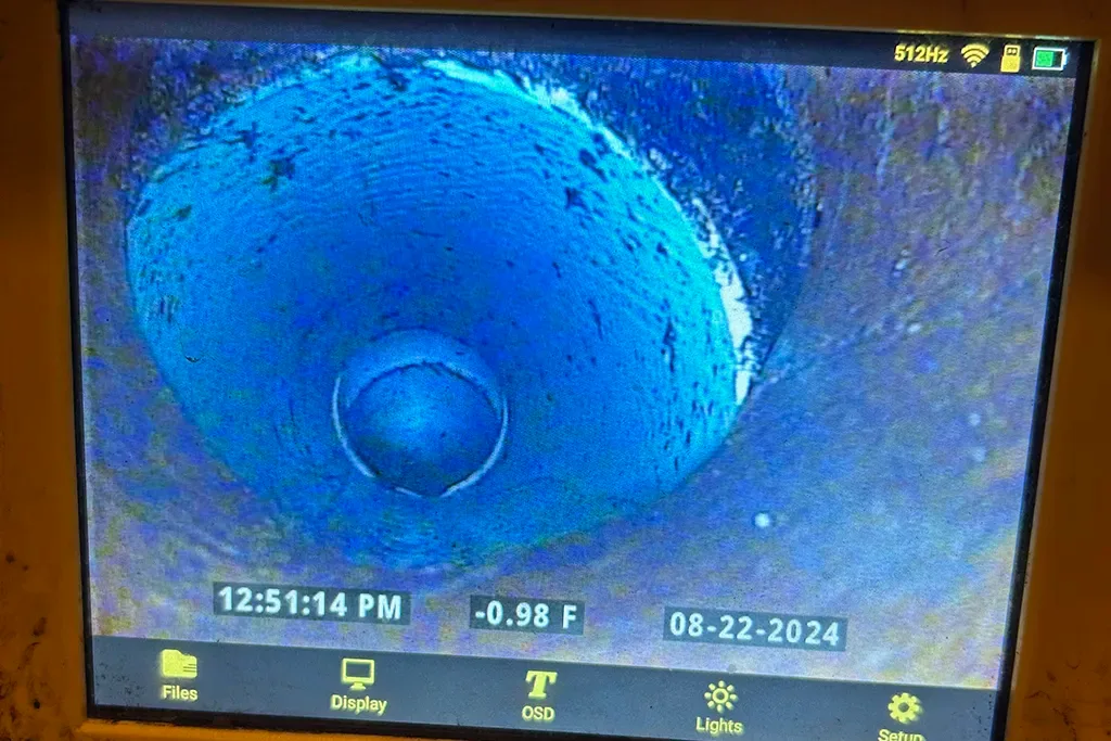 High-resolution sewer camera inspection screen showing a clear, unobstructed view of the interior of a blue PVC drain pipe