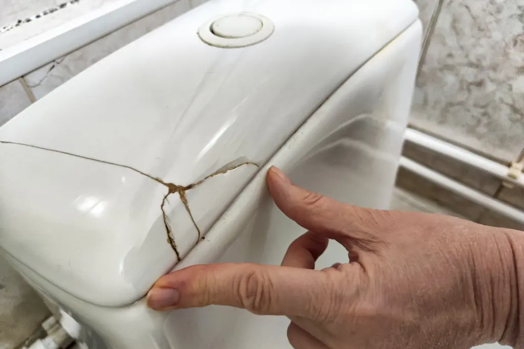 A toilet with a cracked lid. Whether your toilet is damaged, running without shutting off, or leaking, Clark County Plumbing can help.