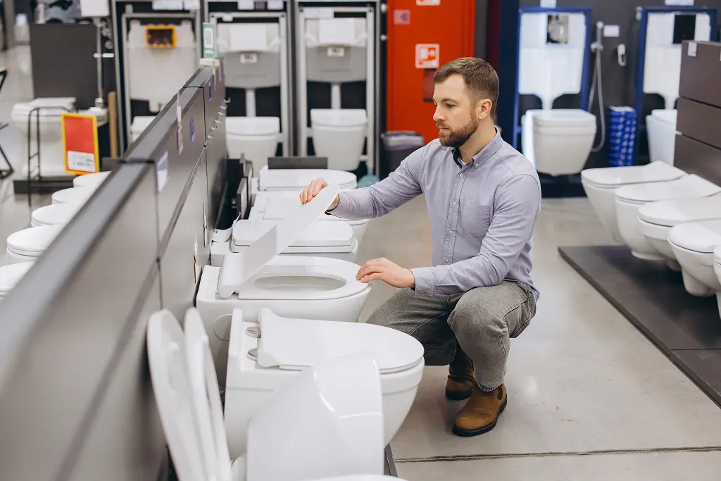 A man opens the lid of a new toilet while shopping at the store. If you're looking for a replacement toilet, call Clark County Plumbing to ensure you get the right toilet for your home.