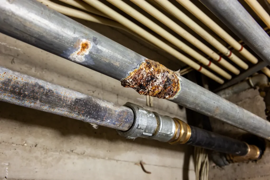 a corroded pipe with rust buildup in a basement