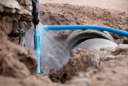 exposed, broken water line spraying water